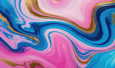 Fototapeta premium Pink, blue, and gold paint swirl together in a mesmerizing abstract design