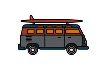 Original vector illustration. A van with a surfboard on the roof. A contour icon.