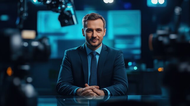 Professional man in a suit during a business interview in a modern studio setting with cameras capturing the session