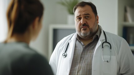 Fototapeta premium Doctor consulting with patient in medical office setting, discussing health and wellness. Focus on medical professional wearing stethoscope, expressing concern and care during appointment.