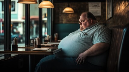 Portrait of a contemplative man in a diner setting, capturing deep reflection and solitude in a cozy restaurant environment with warm lighting.