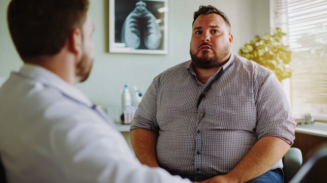 Concerned obese man discussing health with doctor in medical office setting, focusing on patient care and healthcare professional advice