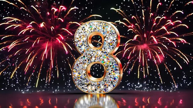 A dazzling crystal diamont number eight 8 shines brightly against a contrasting dark backdrop. Fireworks in the background. For congratulations and anniversaries