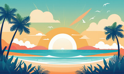 Fototapeta premium Illustration of a beautiful sunset over a tropical beach, with palm trees swaying in the breeze
