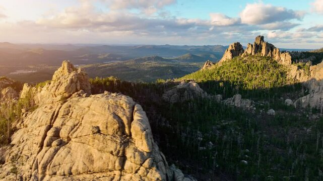 Aerial of the amazing landscape of the Black Hills in South Dakota at sunset.