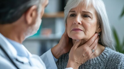 male doctor examining senior female patients neck during consultation