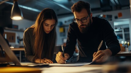 Two designers collaborating on project sketches in a modern studio during evening hours