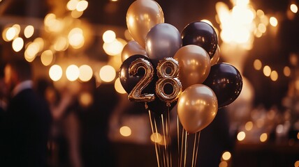 An elegant 28th birthday celebration featuring a bunch of sparkling balloons with bokeh lights in the background, creating a festive and luxurious atmosphere.