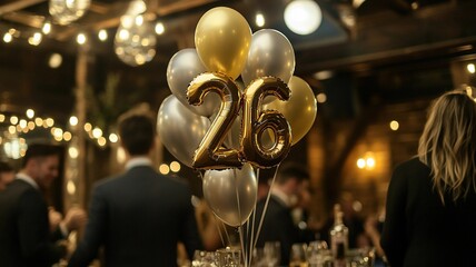 An elegant 26th birthday celebration featuring a bunch of sparkling balloons with bokeh lights in the background, creating a festive and luxurious atmosphere.