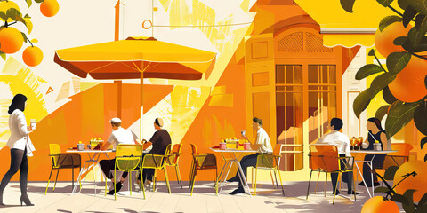 Sunny Yellow and Orange Abstract of a Lively European Brunch Spot