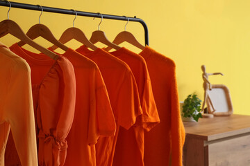 Obraz premium Rack with hanging orange clothes in hallway, closeup