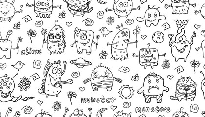 Large set of monsters, aliens and extraterrestrials in doodle style. Great for children's cute playroom, nursery, wrapping paper, coloring page. Vector illustration EPS10