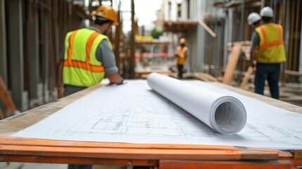 A site supervisor unrolling blueprints on a table with construction workers in the background