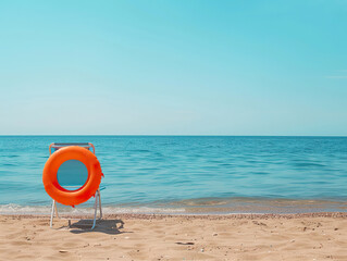 Obraz premium A beach scene with a life preserver on the sand.