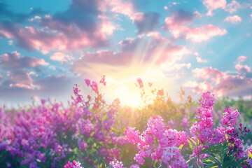Fototapeta premium A field of pink flowers with a bright sun shining through the clouds.