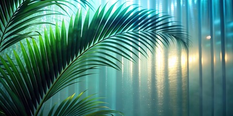 Green palm with reeded glass. White Reeded Glass. Sunny banner for minimal wood presentation. Ribbed Background. Minimalist vanity background with frosted texture for spa aesthetic. Plant leaves.
