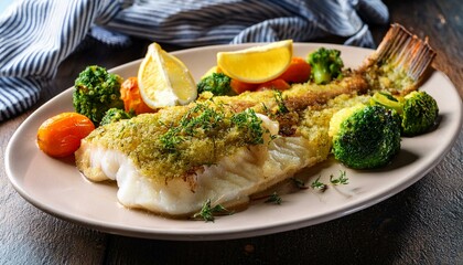 Norwegian baked cod (bakskuld) with a lemon and herb crust, served with vegetables
