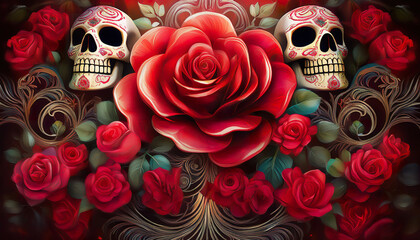 A vibrant sugar skull celebrates the Day of the Dead, surrounded by red roses and intricate patterns, symbolizing life and remembrance during this traditional holiday.