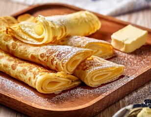 Close-up of Norwegian lefse (soft flatbread) with butter and sugar, rolled and sliced pancake