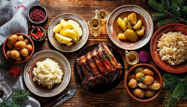 Norwegian Christmas dinner spread with ribbe (pork ribs), sauerkraut, and potatoes