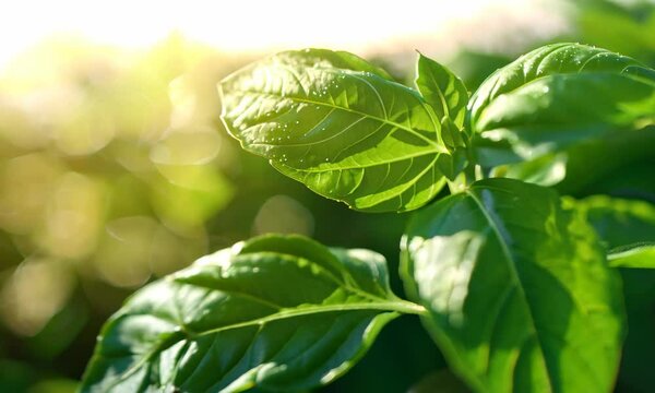 Fresh basil leaves highlighted by sunlight, vibrant and organic