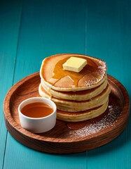 Traditional Norwegian sveler (pancakes) served with butter and syrup on a wooden plate - traditional norwegian dish