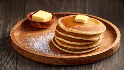 Traditional Norwegian sveler (pancakes) served with butter and syrup on a wooden plate - traditional norwegian dish