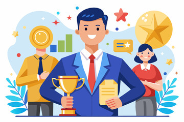Employee of the month award winner, high performance champion, gold medal reward, success or victory recognition prize, leadership or achievement concept, success businessman holding trophy badge.
