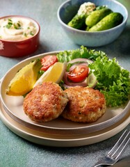 Norwegian fish cakes (fiskekaker) served with a side of remoulade and fresh vegetables