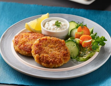 Norwegian fish cakes (fiskekaker) served with a side of remoulade and fresh vegetables