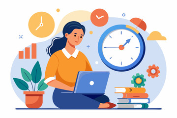 Part-time job, work tracking system, day planning or time management, side hustle or office work deadline, start and end time schedule concept, businesswoman working with laptop on split time clock. 
