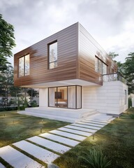 Modern luxury minimalist cubic house, villa with wooden cladding and white walls and landscaping design front yard. Residential architecture exterior.