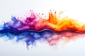 Vibrant watercolor splash blending orange, red, purple, and blue hues on a white background, creating a dynamic abstract design.
