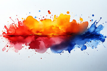 Vibrant watercolor splash blending orange, red, purple, and blue hues on a white background, creating a dynamic abstract design.

