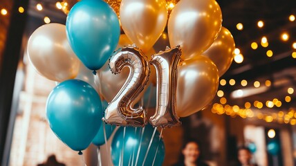 An elegant 21th birthday celebration featuring a bunch of sparkling balloons with bokeh lights in the background, creating a festive and luxurious atmosphere.