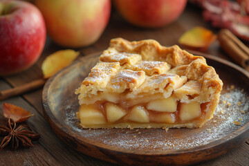 Piece of apple pie on wooden table surrounded by red apples and spices.