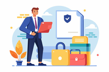 Confidential document, privacy protection or secret secured lock, safety or security to archive file or document, accessibility control concept, businessman lock document file folder with padlock
