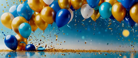 Fototapeta premium Zestaw balonów białych, złotych i niebieskich na błękitnym tle w odświętnych klimacie