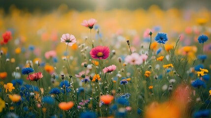 Lush wildflower field in full bloom ideal for cheerful and colorful backgrounds in seasonal wallpapers