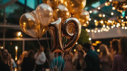 An elegant 19th birthday celebration featuring a bunch of sparkling balloons with bokeh lights in the background, creating a festive and luxurious atmosphere.