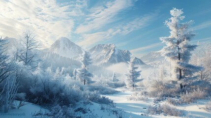 big snow covered mountain with pine trees in winter