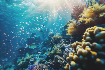 Fototapeta premium Sunlit Underwater Scene with Coral Reef and Fish