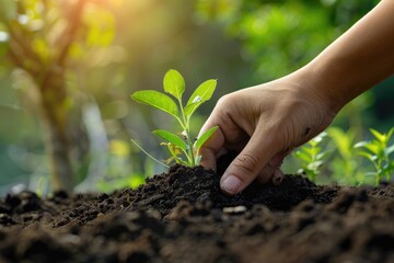Hand Gently Planting a Sapling in Rich Soil