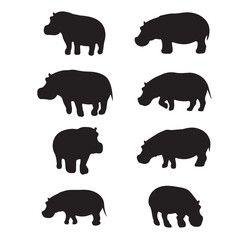 black silhouette hippopotamus vector set