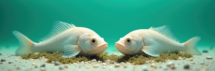 Obraz premium Two pale fish swim gracefully in a serene underwater environment, showcasing nature's beauty and tranquility. Perfect for themes of aquatic life and environmental awareness.