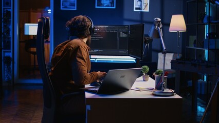 Hyperactive software developer suffering from adhd affliction, writing code, drinking coffee,...