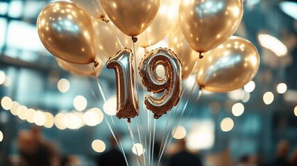 An elegant 19th birthday celebration featuring a bunch of sparkling balloons with bokeh lights in the background, creating a festive and luxurious atmosphere.