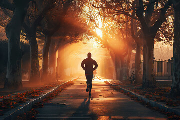 Fototapeta premium A man runs down a path in the woods.