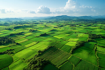 divided fields, surrounded by hills and mountains under a cloudy sky