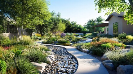 Obraz premium A site with water-saving measures such as rainwater harvesting systems and efficient irrigation for landscaping